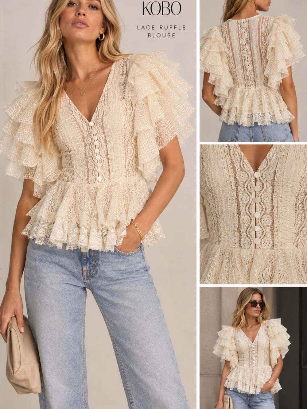 Ronny Kobo Collection Cream Lace Ruffle Peplum Blouse